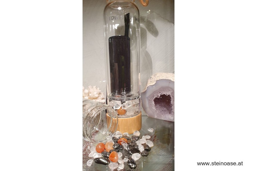 Glasflasche mit Karneol + Hämatit + Bergkristall